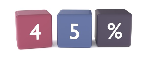 3d illustration of 45 percent word from colored cubes 