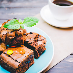 chocolate brownie cake, selective focus, vintage tone color