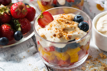 fresh fruit dessert with custard in glasses, top view closeup