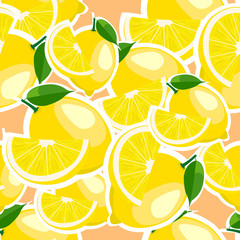 Pattern with lemon and leaves on light pink background.