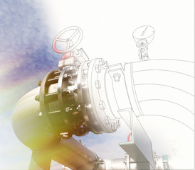 wireframe computer cad design of pipelines and valves against bl