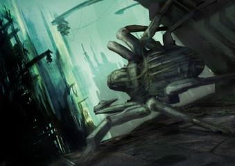 Digital painting of a mechanical spider in a post apocalyptic environment 