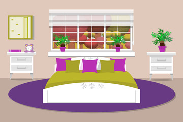 The interior of the bedroom. Cosy bedrooms , beautiful scenery outside the window. Vector illustration. Flat style