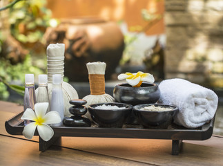 Spa massage compress balls, herbal ball with salt, turmeric and aroma, Thailand, select focus
