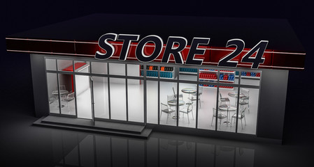 3D illustration of a 24-hour store at night