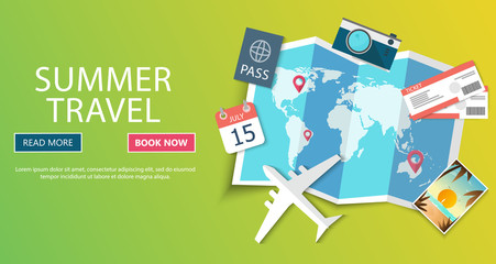 Trip to World. Travel to World. Vacation. Road trip. Tourism. Travel banner. Journey. Travelling illustration. Modern flat design. EPS 10. Colorful.