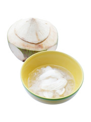 sweet in thai - woon ma praw orn - young coconut jelly in yellow bowl isolated on white background