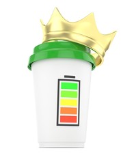 Coffee cup with  golden crown and battery on white background. Concept of luxury royal coffee. 3D rendering.