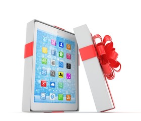 Tablet in white gift box with red bow and ribbons on white. 3D rendering.