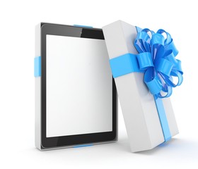 Tablet in white gift box with blue bow and ribbons on white. 3D rendering.