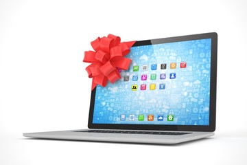 Laptop with red bow and icons. 3D rendering.