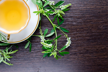 herbal sweetclover tea in a porcelain cup on a dark wooden background