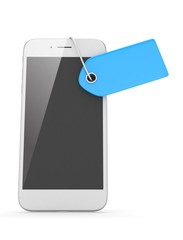 White smart phone with blue price tag on white background. Identification, price, label. 3D rendering.