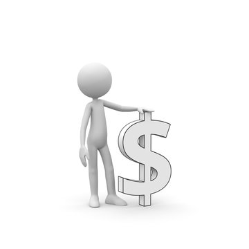 recommend clip art: 3D Cartoon Karakter - Weißes kleines 3D Männchen mit amerikanischem Dollar Währungszeichen, Symbol. Schwarzweiß rendering isoliert auf weißem Hintergrund mit sanftem Schatten auf dem Boden.