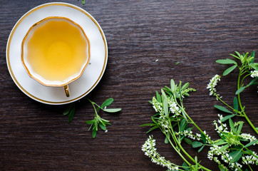 herbal sweetclover tea in a porcelain cup on a dark wooden background