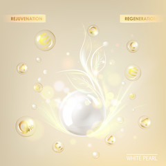 Beauty treatment nutrition skin care design. Vitamin E drop with white sphere. Regenerate cream and Vitamin Background of Concept Skin Care Cosmetic. Vector illustration.