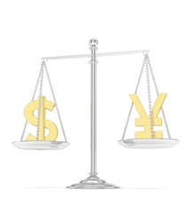 Isolated old fashioned pan scale with dollar and yuan,yen on white background. American and chinese and japanese currency. Currency equality. 3D rendering.