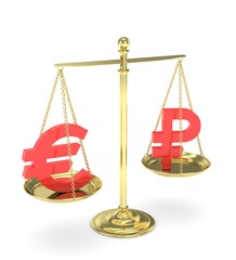 Isolated golden scales with red euro and ruble currency. Russian and european finance. Measuring of market stability. 3D rendering.