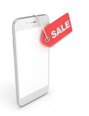 White smart phone with red price tag on white background. Identification, price, label. 3D rendering.