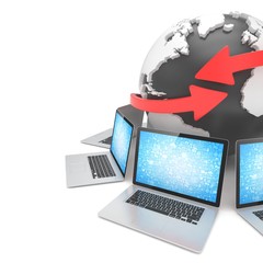Laptop network around earth globe. 3d rendering.