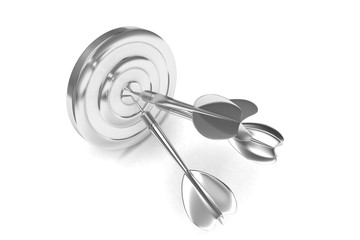 Three arrows darts in center. 3d rendering.