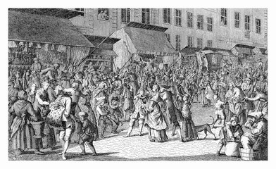 View of Berlin in XVIII century  - people crowd the Christmas market  in Advent time