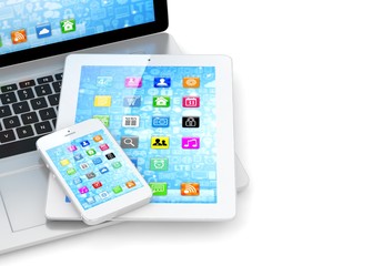 Laptop, phone and tablet pc. 3d rendering.