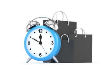 alarm clock and shopping bag (time to buy concept). 3d rendering.