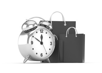 alarm clock and shopping bag (time to buy concept). 3d rendering.