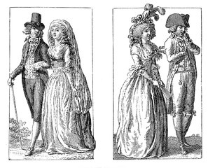 Fototapeta na wymiar Men and ladies fashion in late XVIII century
