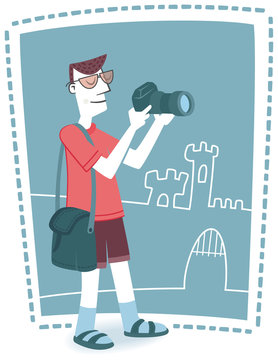 A tourist taking pictures. Retro style illustration of a tourist with your camera.
