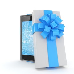 Smartphone in gift box. Isolated on white background. 3d rendering.