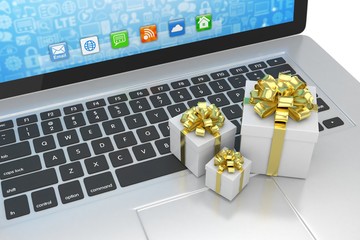 Gift box with ribbon bow on laptop keyboard. 3d rendering.