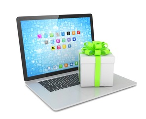 Gift box with ribbon bow on laptop keyboard. 3d rendering.
