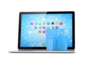laptop and  shopping pags on white background. 3d rendering.