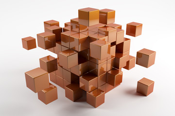 3d orange cubes scatter in different directions. Abstract reflected