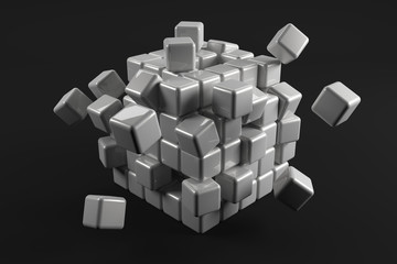 3d cubes scatter in different directions. Abstract reflected object