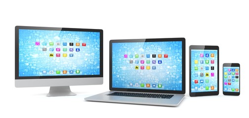 Responsive web design, laptop, smartphone, tablet, computer, display. 3d rendering.