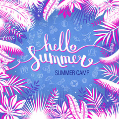 Hello summer camp, inscription on a blue background with leaves. poster, holiday and Travel themed, vector illustration.