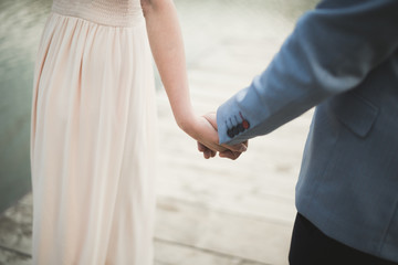 elegant stylish groom with his happy gorgeous brunette bride on the background of a lake