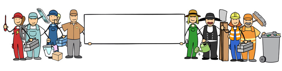 Viele Leute mit Berufen als Gruppe halten Schild