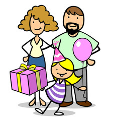 Eltern mit Kind und Geschenk am Geburtstag