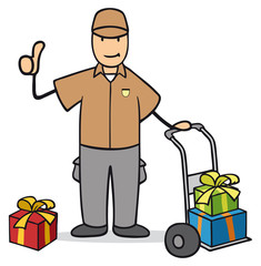 Paketbote hält Daumen hoch zu Weihnachten