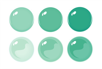 Illustration of icon bottons isolated on white. Set of Green color labels, 6 bottons. Graduation color. Glass balls. Vector 