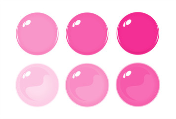 Obraz premium Illustration of icon bottons isolated on white. Set of Red, Pink color labels, 6 bottons. Graduation color. Glass balls. Vector 