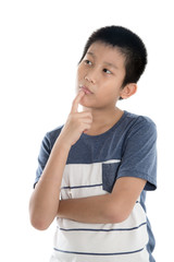 cute young boy thinking with white background