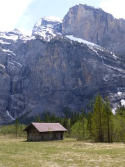Fototapeta na wymiar Lone farm building in the Gasterntal Valley, Switzerland with snow capped mountain towering up behind