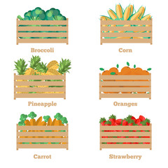 Wooden box with fruits and vegetables. Vector illustration of the harvest. Iisolated objects of fresh, natural food. Cart with product for supermarket. Diet and organic food template.