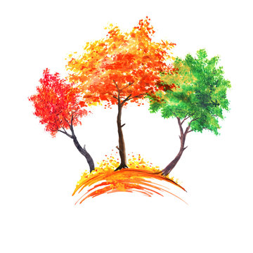 Watercolor logo - a group of autumn trees. Red, green and orange colors on a white background  isolated.