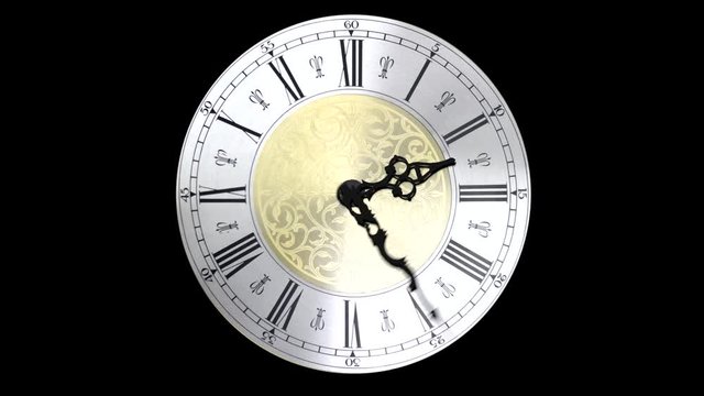 Clock face running backward at speed ornate grandfather time travel 4K
